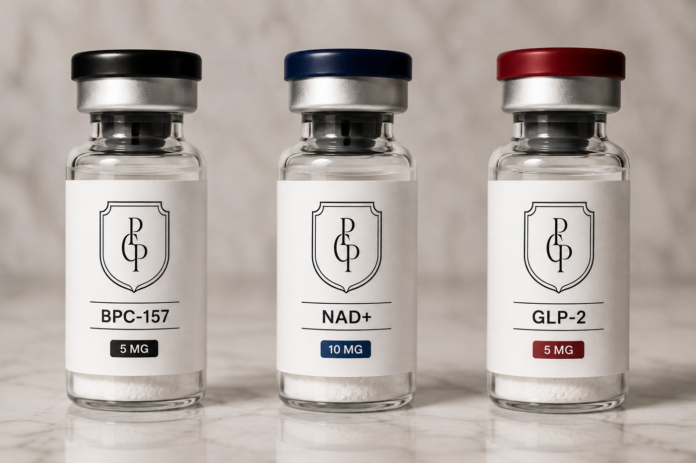 Three Park Cities Peptides research vials on a marble surface — BPC-157 (5 mg) with a black cap, NAD+ (10 mg) with a navy cap, and GLP-2 (5 mg) with a deep red cap — each labeled with the PCP shield monogram.